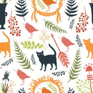 Background with silhouettes of birds and cats flowers twigs N2