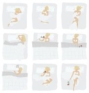 Various poses of woman sleeping on bed with rose