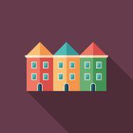 Colorful townhouses flat square icon with long shadows N2