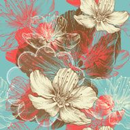 Seamless floral background with flowers apple hand drawing vector