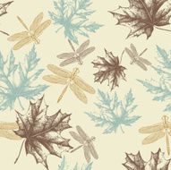Seamless pattern of autumn maple leaves and a dragonfly hand-drawing N2