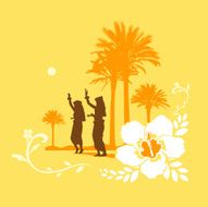 Silhouettes of Hula girls dancing at a tropical setting