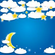 Blue background with white clouds stars and moon rising Vector