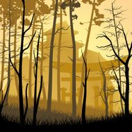 Wild misty wood with castle in Asian style