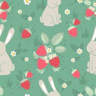 Cute rabbits and wild strawberries forest seamless pattern N2