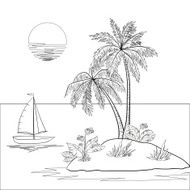 Island with palm and ship