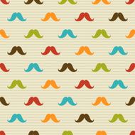 Seamless pattern of colored mustache on striped background N2