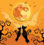 Silhouette two cat under the full moon N2