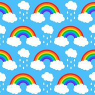 Seamless pattern with rainbows and clouds on a blue background N2