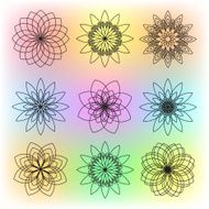 Set of Nine Contour Flowers on Colorful Background