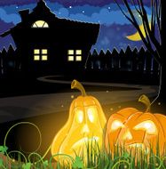 Pumpkins near a haunted house