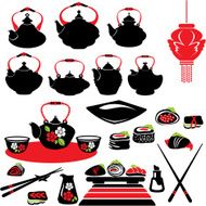 Set of asian food icons - teapot sushi