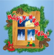 Christmas and New Year card with flying reindeers on sky N2