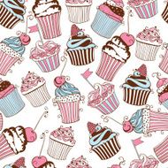 Vector seamless pattern with decorative cupcakes on white background