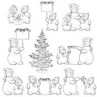 Set snowman and Christmas tree outline