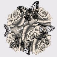 Floral background with roses and black butterflies Vector illustration
