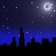 City silhouette on night starry sky background