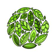 Green fresh leaves circle doodles on white vector background N2