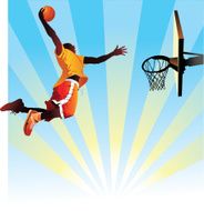 Basketball Player Slam Dunks on Blue Background