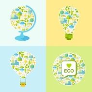 Set of ecology symbols with simply shapes globe lamp balloon