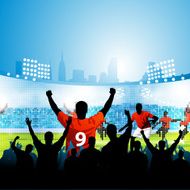 Fans watching soccer match on large outdoor screen