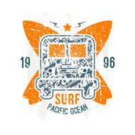 Surfing bus emblem in retro style