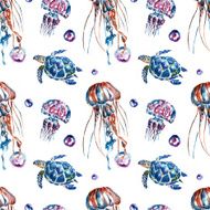 Seamless pattern with jellyfish and turtles N6
