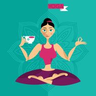 Young woman in yoga pose with a cup Healthy lifestyle