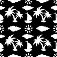 Seamless pattern with coconut palm trees yacht sun clouds
