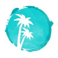 Watercolor paint stain and coconut palm trees silhouettes N2
