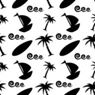 Seamless pattern with coconut palm trees yacht waves surfboard N4