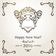 Greeting New Year card with monkey - symbol of the