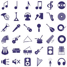 musical instruments and sound icons on white