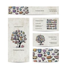 Art tree with mugs and cups Business cards design N2