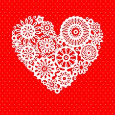 White crochet lace flower heart on red romantic greeting card N2