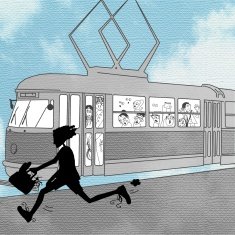 Silhouette of a man running in front trolley