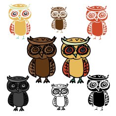 Cartoon Owl with Variations - Stencil silhouette and Colored Versions N11