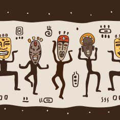 Dancing figures wearing African masks N2
