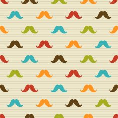 Seamless pattern of colored mustache on striped background N2