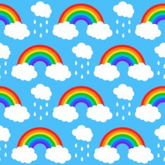 Seamless pattern with rainbows and clouds on a blue background N2
