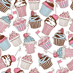 Vector seamless pattern with decorative cupcakes on white background