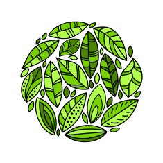 Green fresh leaves circle doodles on white vector background N2