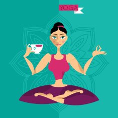 Young woman in yoga pose with a cup Healthy lifestyle