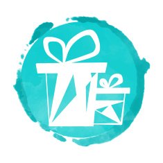 Watercolor blue circle paint stain and icon gift box