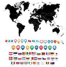 detailed outline world map with various icons N2