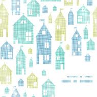 Houses blue green textile texture corner frame seamless pattern background