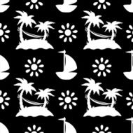 Seamless pattern with coconut palm trees clouds yacht sun N3