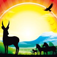 African Waterbuck Zebras and Antelopes silhouettes safari against Kilimanjaro