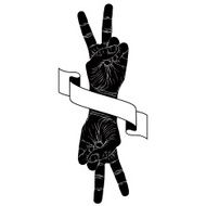 Victory hand sign with two hands and ribbon triumph emblem