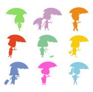 Silhouettes of people with umbrellas